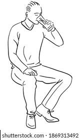 Young man sits and drinks a drink in a cafe. Continuous single line.Flat sketch line design style minimal artline ink vector illustration.