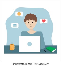 Young man sits in front of the monitor screen, working from home. Office day concept. Speech bubbles. Flat vector illustration. 