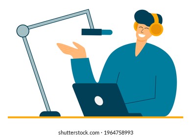 A young man sits with headphones and speaks into a microphone. Live podcast, broadcasting. Radio news flat vector illustration. The radio DJ is broadcasting online.
