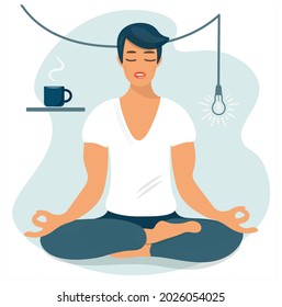 Young man sits at home with closed eyes enjoying meditation. The guy is doing yoga, mindfulness, breathing control. The guy in the cross-legged pose relaxes. Healthy lifestyle vector illustration.