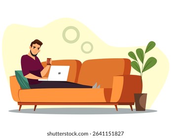 A young man sits at home with a laptop on the couch. Work on a computer. The concept of freelancing, online education or social networks. Vector illustration isolated on white
