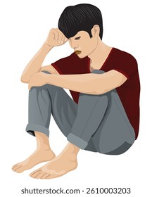 A young man sits hugging his knees, feeling sad.vector design