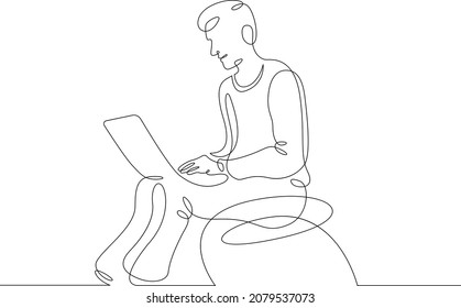 Young man sits with laptop. Communication and work on the Internet. Boy communicates using a computer.One continuous line .One continuous drawing line logo isolated minimal illustration.