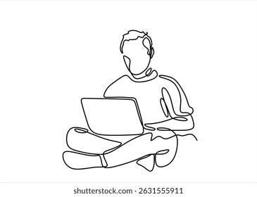 Young man sits with laptop. Communication and work on the Internet. Boy communicates using a computer.One continuous line .One continuous drawing line logo isolated minimal illustration. Editable 