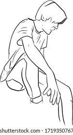 Young man sits and looks down. Hand drawn outline, linear, thin line art vector sketch