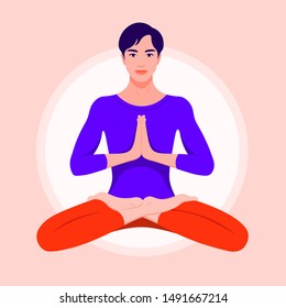 A young man sits in a lotus position and meditates. Asian guy practices yoga and levitates. Vector flat illustration