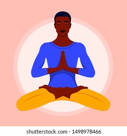 A young man sits in a lotus position and meditates. African guy practices yoga and levitates. Vector flat illustration