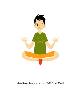 A young man sits in a lotus position and meditates, doing yoga exercises. Isolated vector flat illustration in cartoon style.