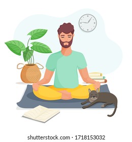 Young man sits in the lotus position and meditating at home. The concept of yoga, meditation and relax. Health benefits for the body, mind and emotions. Flat vector illustration.