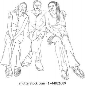 The young man sits in the middle between the young woman and he wraps the shoulders of both women.