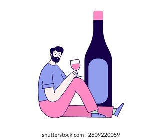 A young man sits next to a huge bottle of wine and holds a glass of wine. Vector