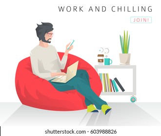 Young Man Sits On Bean Bag With Different Gadgets. Work And Chill. Modern Flat Vector Illustration