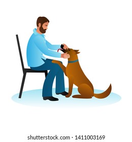 A young man sits on a chair and strokes a big kind dog sitting at his feet. Hipster guy strokes the pet's face, a red-haired Belgian Shepherd dog Malinois. Template flat vector illustration.