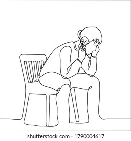 young man sits on a chair with headphones on, his elbows rest on his hips, he is focused on listening to music / audio book / podcast. One continuous line art, black and white outline drawing