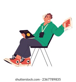Young man sits on chair, hold paper books. Reader do self education, development at library, read literature, novel, get knowledges. Smart hobby. Flat isolated vector illustration on white background