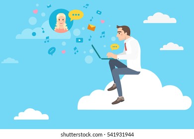 Joven sentado en una nube y conversa con una chica. Empresarios hablando en línea.