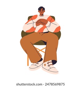 Young man sits on comfortable chair, leans on back. Person relaxes on armchair, folded hands and looks front of. Happy character has a rest on seat, waiting. Flat isolated vector illustration on white