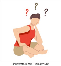 A young man sits on the floor, propping his head in his hand and thinking. Vector, flat cartoon. Concept: thinking, problem, choice, asking a question, difficult situation, ambiguity, youth.