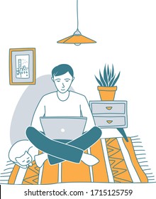 Young man sits on the floor on the carpet at his home and works with lap top. Distance work, home office, stay home. Vector illustration doodle, thin line art sketch style concept