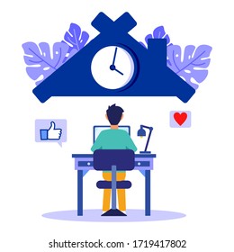 The young man sits on the floor with a laptop and works online at an illustrated house. Social distance and self-isolation during the corona virus quarantine.