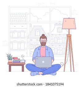 Young man sits on the floor cross-legged near coffee table with notebook, working online. Self-employed freelancer remote solves business issues online with client. Flat design vector concept.