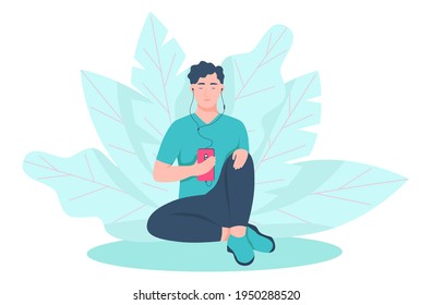 A young man sits on the floor and listens to music with headphones. Concept podcast, music lover, online radio, audiobook, daily life. Flat vector illustration.