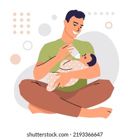 A young man sits on the floor and feeds his baby with milk from a bottle. A father with a newborn baby in his arms. Concept of parental leave and child care. Flat style. Vector isolated.