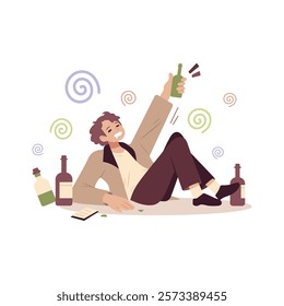 A young man sits on the floor and raising a bottle in celebration, surrounded by empty bottles.The alcoholic got very drunk and is lying on the floor. Alcoholism concept. Vector illustration.