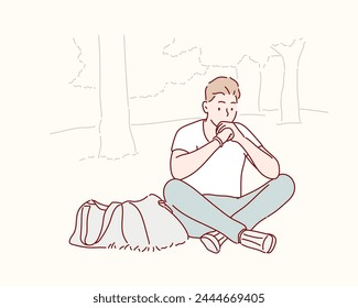 A young man sits on a green lawn in an outdoor park. Hand drawn style vector design illustrations.