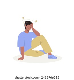 Young man sits on the ground with a head injury after accidental fall. Flat vector illustration of male character