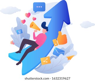 a young man sits on the mobile app icon and uses a loudspeaker. Illustration of flat concept application