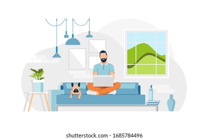 Young man sits on a sofa and work from home with a laptop. A dog lies on a couch. Concept living room with sofa, plants, man, lamps. Person indoor job remote work. Flat vector illustration.