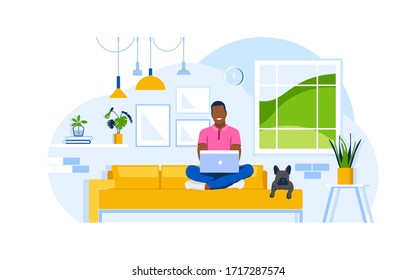 Young man sits on a sofa with lying dog and work from home with a laptop. Concept living room with couch, plants, man, lamps. Person indoor job remote work. Flat vector illustration.