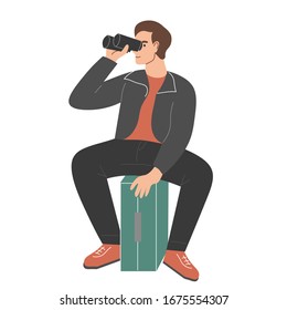 a young man sits on a suitcase and looks through binoculars. Vector flat illustration.