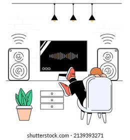 A young man sits in a relaxed position and listens to music at home. The guy puts his feet on the table and looks at the screen. The music comes from the speakers. Vector illustration of cartoon man. 