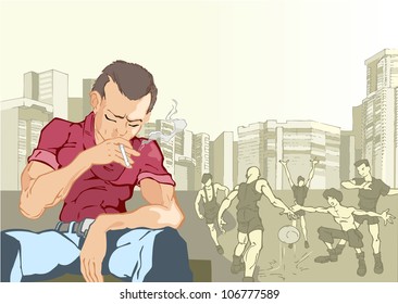 A young man sits and smokes a cigarette.Behind him a bunch of friends playing football.