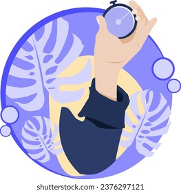 A young man sits and stands by a large clock, working on his laptop. Job scheduling optimization. Plan your business. Concept of time management with a flat isometric bundle vector.