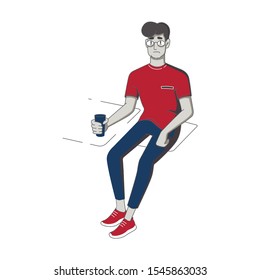 young man sits at a table and holds a glass. flat isolated vector drawing