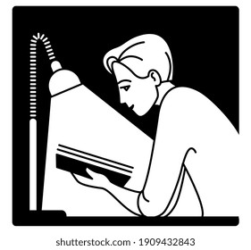 a young man sits at a table and reads from a book under the light of a table lamp black line drawing, icon.