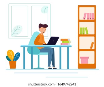 Un joven se sienta en una mesa y trabaja en una laptop. espacio de trabajo en la oficina persona que trabaja en el equipo. Ilustración vectorial en diseño plano moderno.