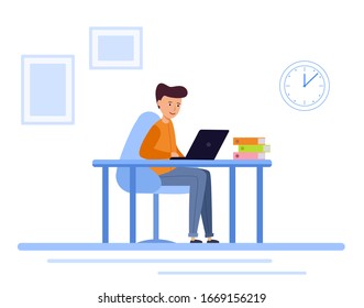 A young man sits at a table and works on laptop. workspace in office person working at computer. Vector illustration in modern flat design.