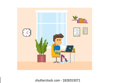 A young man sits at a table and works with a laptop. Pixel art. Old school computer graphic. 8 bit video game. Game assets 8-bit sprite. 16-bit.