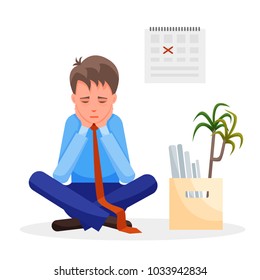 Young man sits upset after loosing his job. Vector illustration colorful isolated on white background