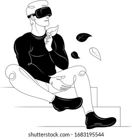 Young man sits in virtual reality glasses. The character is sitting on the stairs. Leaf fall.Flat continuous line cartoon character minimal illustration