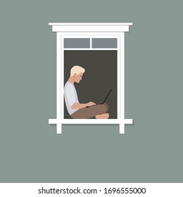 Young man sits at the window and works on a laptop. The concept of "staying at home", self-isolation, quarantine and prevention of the spread of coronavirus (COVID-19). Vector Stock flat illustration.