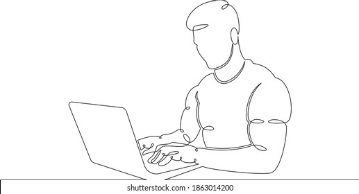 Der junge Mann arbeitet auf einem Laptop. Designer Manager arbeitet im Internet. Eine durchgehende Zeichnungslinie, Logo, einhandgezeichnet Kunst-Doodle einzeln minimale Illustration.