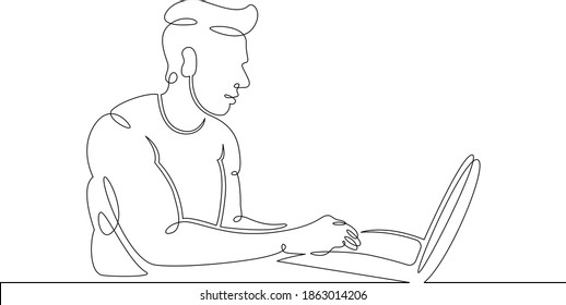 Un hombre joven se sienta a trabajar en un ordenador portátil. El administrador de diseñadores trabaja en Internet. Una línea de dibujo continua, logo de un solo dibujo a mano doodle aisló una mínima ilustración.