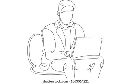 Young man sits working at a laptop computer. Designer manager works on the Internet. One continuous drawing line, logo single hand drawn art doodle isolated minimal illustration.