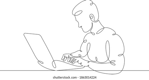 Young man sits working at a laptop computer. Designer manager works on the Internet. One continuous drawing line, logo single hand drawn art doodle isolated minimal illustration.