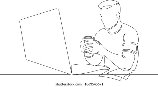 Young man sits working at a laptop computer. Designer manager works on the Internet. One continuous drawing line, logo single hand drawn art doodle isolated minimal illustration.